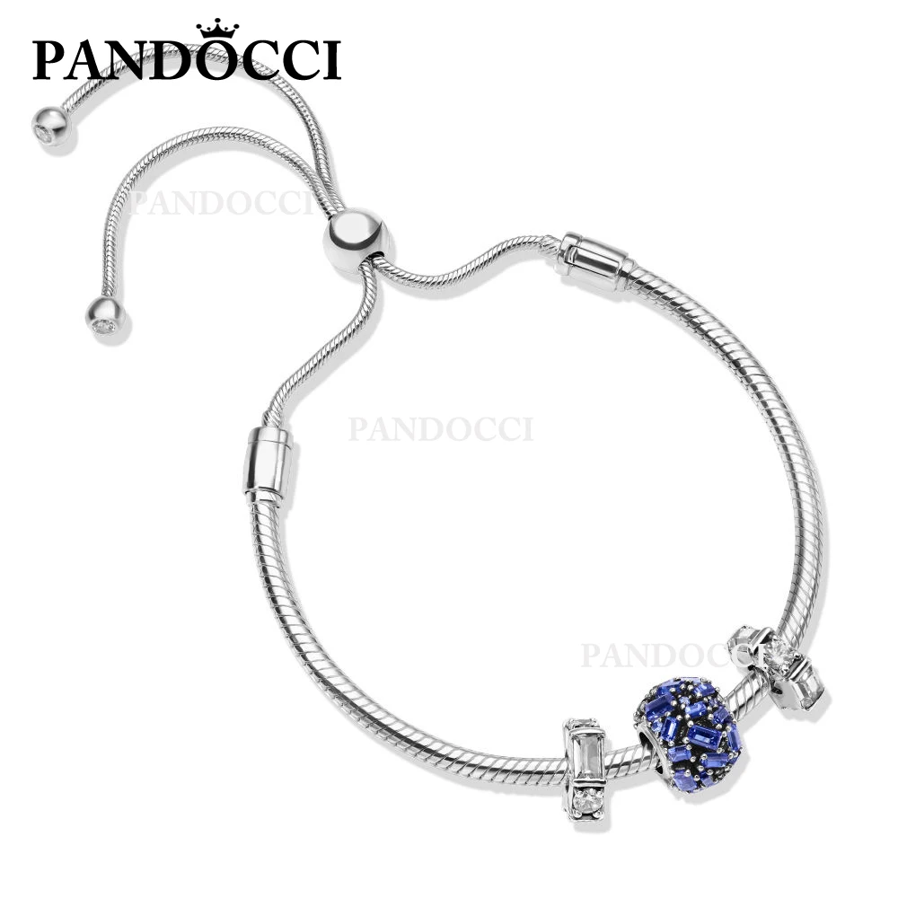 

PANDOCCI 100% 925 Sterling Silver Blue Chiselled Elegance Charm Ice Sculpture Spacer Charm MOMENTS SLIDING BRACELET Bracelet Set