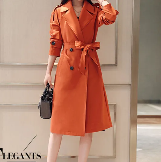 Весна ветровка пальто женское новые свободные женские осенние пиджаки повседневные двубортные плащ с поясом Mujer средней длины тренчи - Цвет: Orange