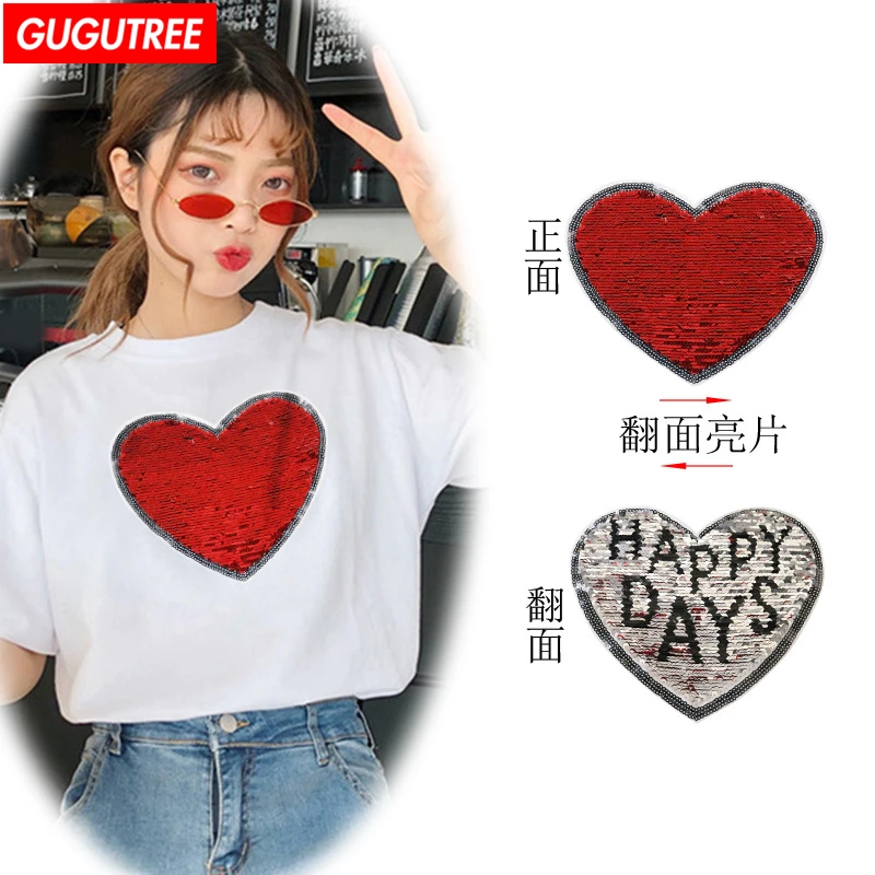 

GUGUTREE embroidery change paillette patches transformation big loving heart patches for T-shirts,hats patch,appliques,badges