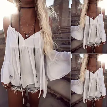 

New Women Clothing T-shirts Summer Loose Casual Chiffon Off Shoulder Tops Ladies Top Women Fashion New Clothes