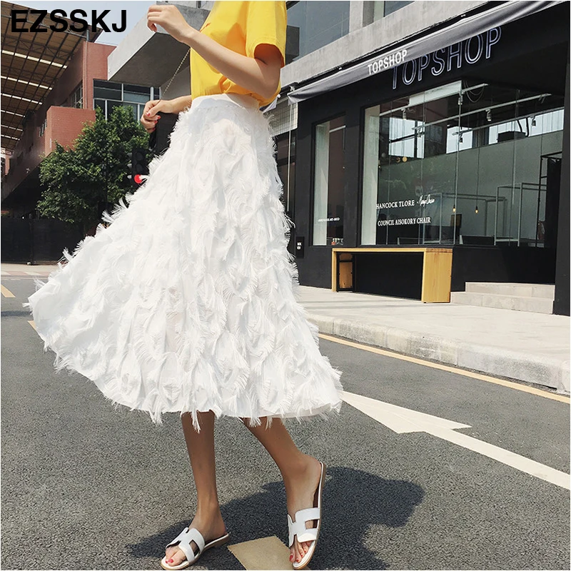

2018 spring Tulle Tassel skirt summer women high waist tulle lady white black vintage party midi skirt girl Pleated tutu Skirt