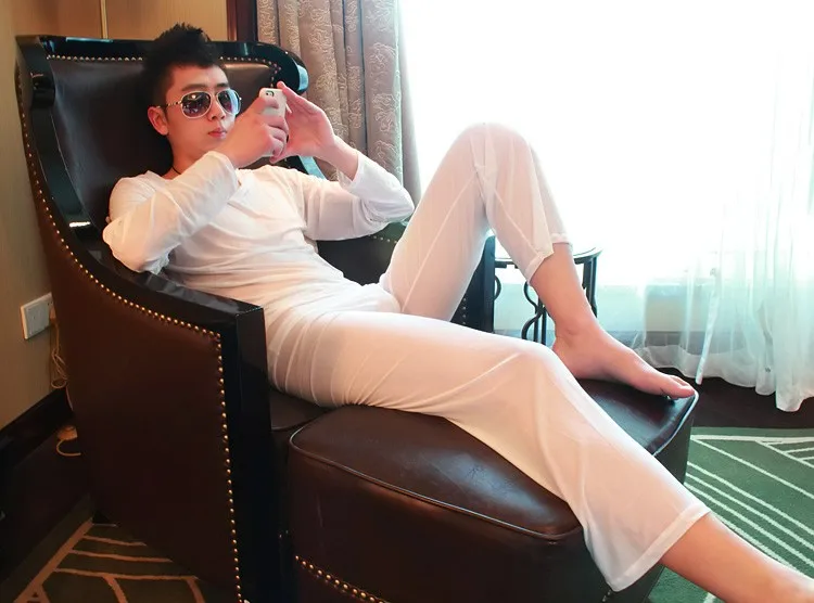 Sexy Men 1 Pajamas Set Wear Pajamas Sleepwear See Through Loose Mesh Sheer Lounge Pants Erotic lingerie FX1041 cotton loungewear