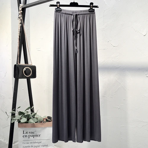 Dark Gray Корейские новые женские широкие брюки с высокой талией из шелка и вискозы, однотонные свободные штаны прямые брюки - Цвет: Dark Gray