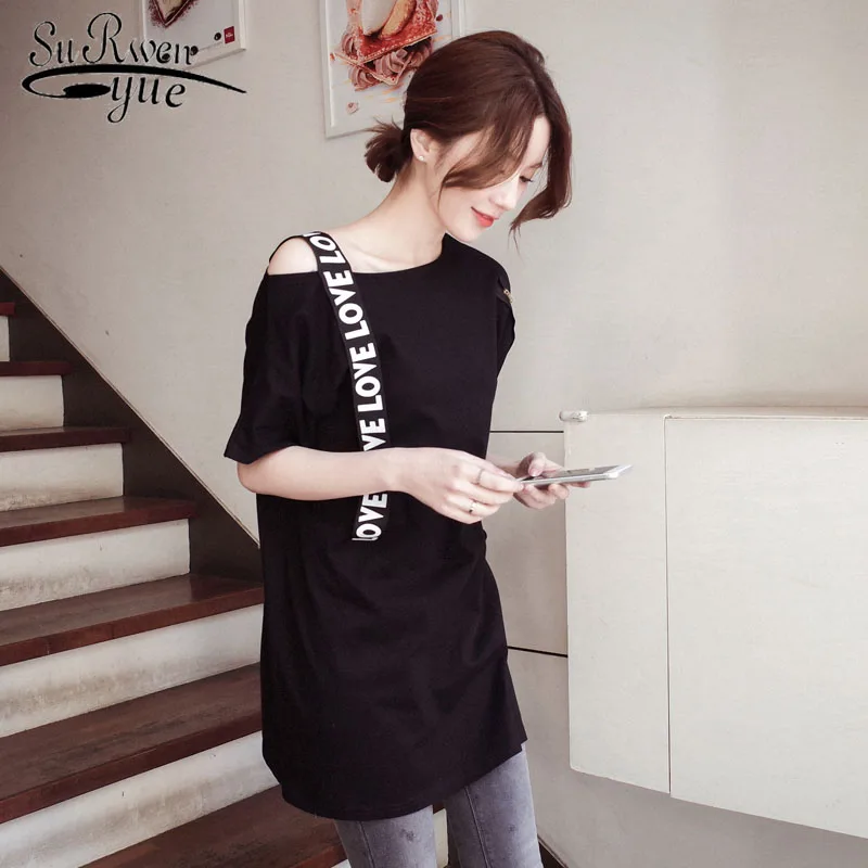 

Women top and short blouse 2019 summer Lady short shirt one word collar strapless shoulder medium long shirt women top 2754 50