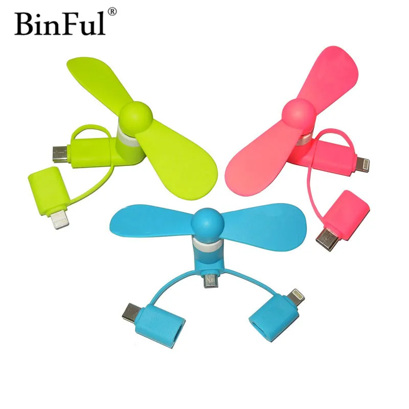 BinFul Мини 3 в 1 100% протестированный Портативный Micro USB C вентилятор для iPhone 5 6 7 plus 8 X