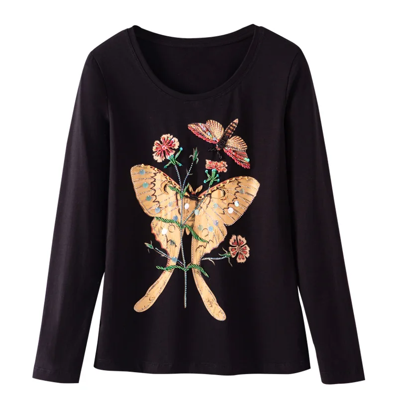 

KENVY Brand fashion women's high-end Luxury Spring Elegant Butterfly Casual Diamonds Slim long-sleeved Cotton T-shirt Top Tees