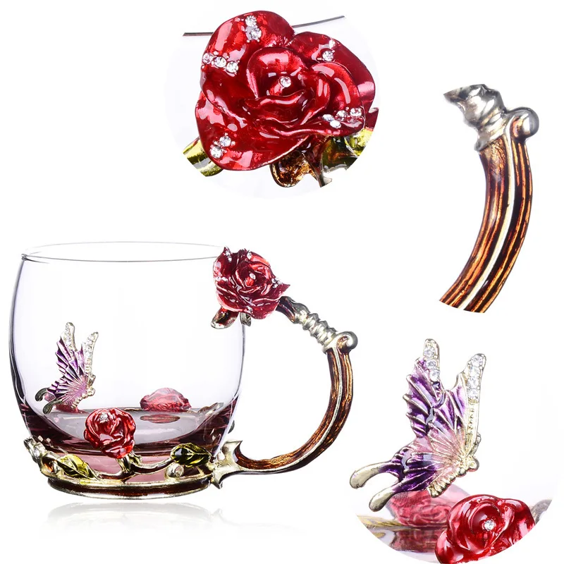 Изысканная эмалированная цветная Ароматизированная чайная сока жаростойкая Роза Хрустальная стеклянная кофейная кружка ручной работы