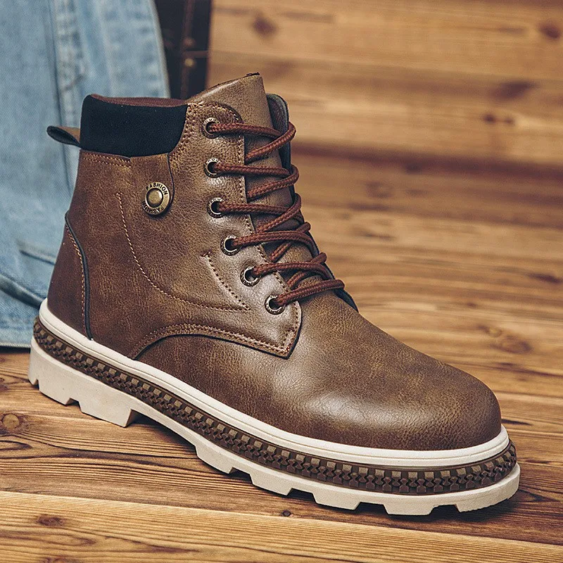  Men High Quality Leather Waterproof Hiking Shoes Outdoor Lace Up Height Increase Sneakers Hiking Sh