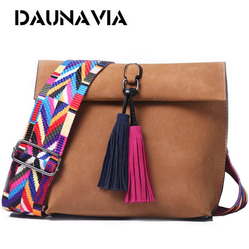 DAUNAVIA النساء فرك جلد تصميم Crossbody حقيبة الفتيات مع شرابة الملونة حزام حقيبة كتف الإناث صغيرة رفرف حقائب