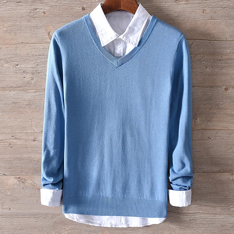 Новое поступление итальянские брендовые хлопковый свитер Мужская мода синий Твердые свитера мужские осенние и зимние v-образным вырезом