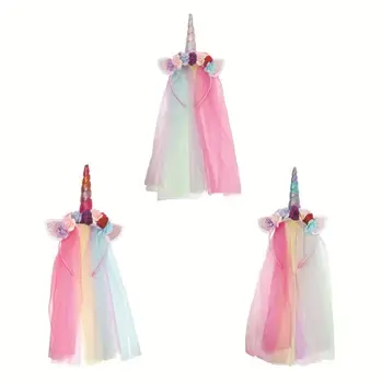 

5 Pcs Long Tulle Girls Children New Design Unicorn Headwear Halloween Party Unicorn Hoop Headbands with Flowers