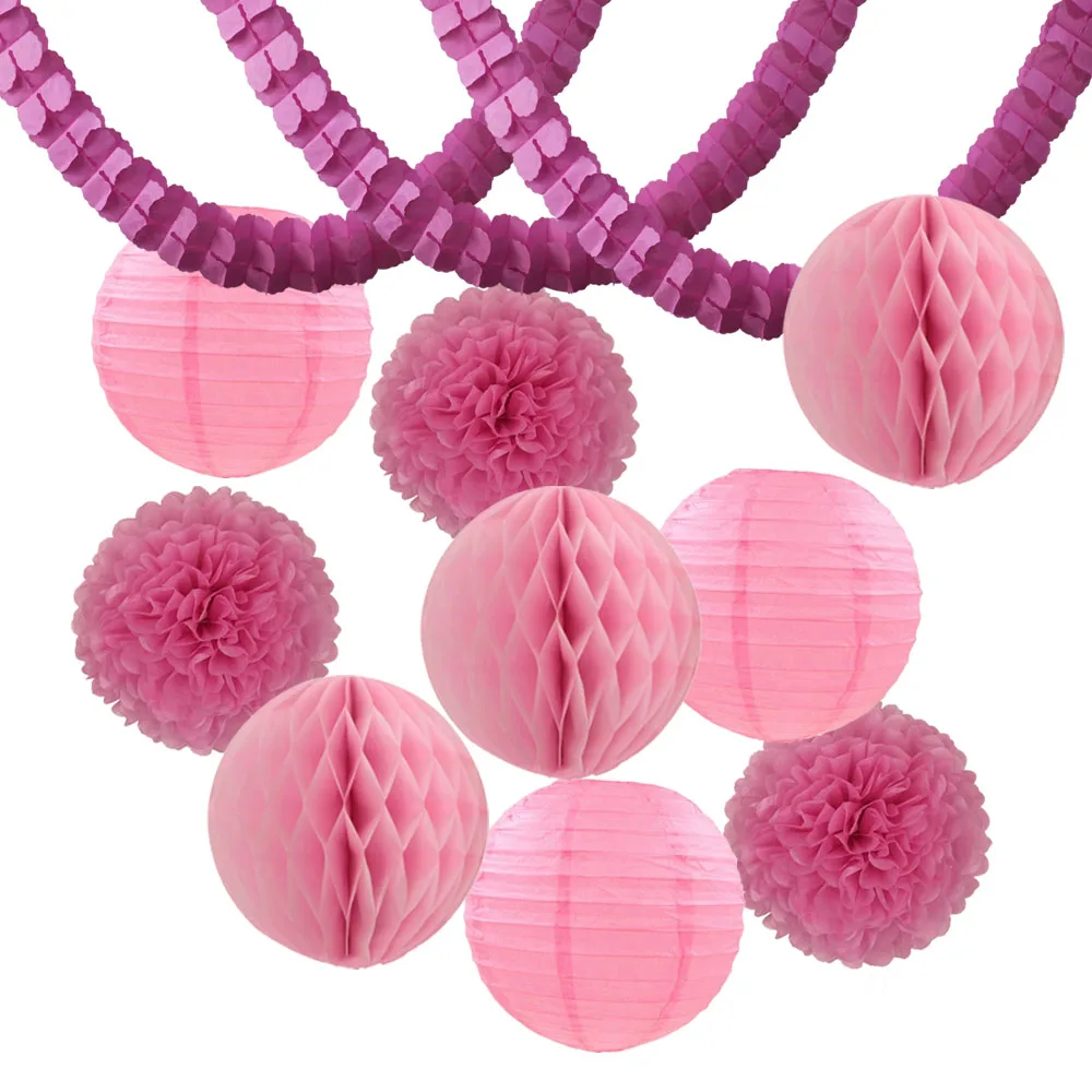 

Girl Birthday Party Room Decor Kit 12pc Pink Tissue Paper Pom Pom + Streamers Garland + Paper Lantern Wedding Baby Shower Deco