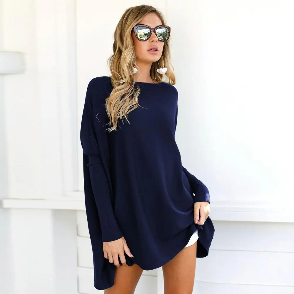 Модное Свободное длинное платье-футболка, женское Повседневное платье с длинным рукавом и круглым вырезом, Необычные платья размера плюс, пуловеры, вечерние платья, топы - Цвет: Тёмно-синий