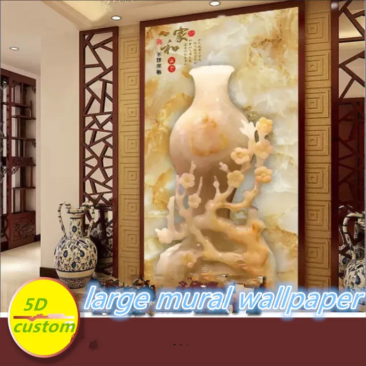 

Customized 5D silk large mural wallpaper 3d Chinese embossed jade carving porch vase rich and precious jade carving porch aisle