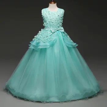 

Hot Selling Flower Girl Dresses Sweet Lace Tulle Rose Flower Bow-knot Ball Gowns For Girls Sleeveless Long Girls Formal Dresses