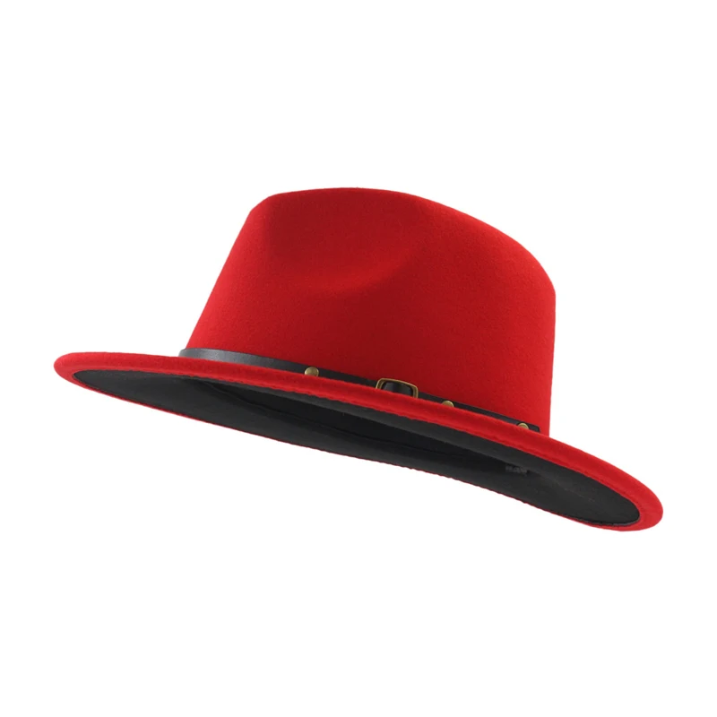 Red black QIUBOSS черная красная Лоскутная шерстяная фетровая джазовая фетровая шляпа с пряжкой для женщин унисекс с широкими полями Панама Трилби ковбой Кепка Панама - Цвет: Red black
