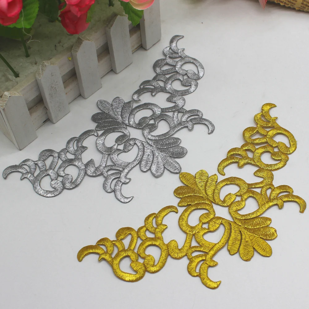 

5 Pcs/Lot Iron On Patches Gold Embroidered Appliques Cosplay Lace Diy Embroidery Flower Trims 22.5*10.5cm