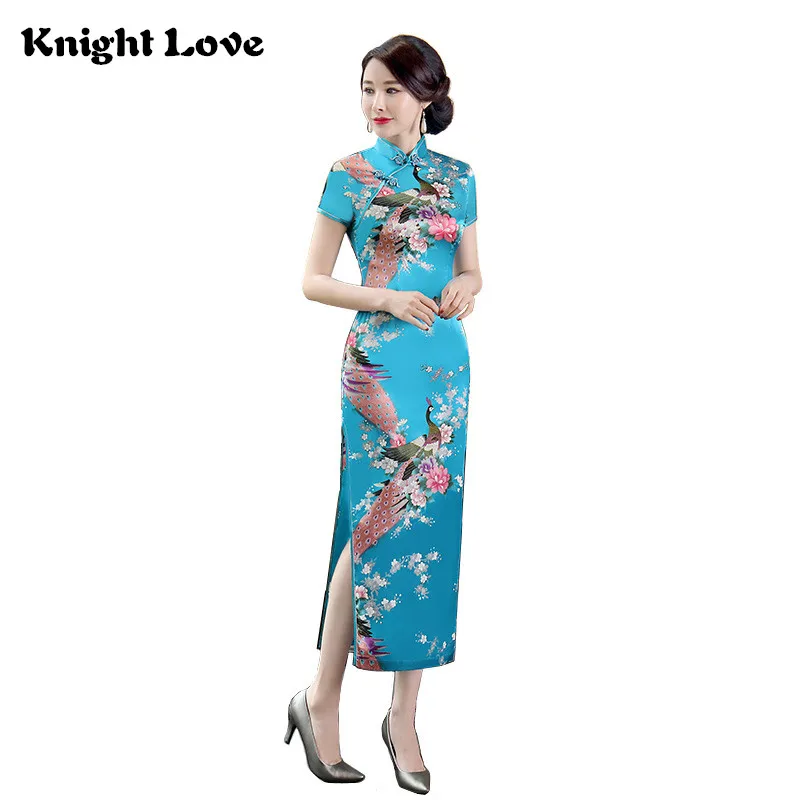 

Sexy Blue Women Satin Daily Casual Qipao Dress Summer New Print Flower Long Chinese Cheongsam Dress Size S M L XL 2XL 3XL 4XL