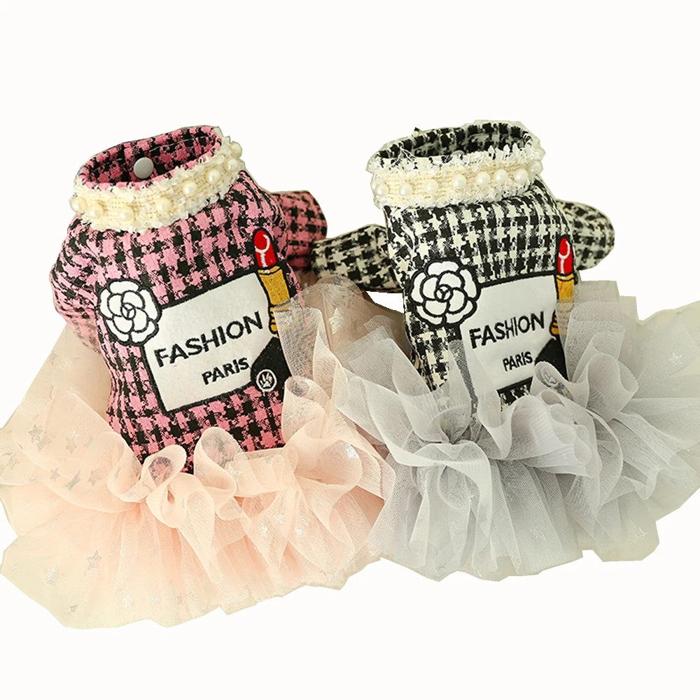 Princess Small Dog Dresses Coat Autumn Houndstooth Cat Skirt Clothes Tulle Dresses Puppy Chihuahua XS S M L XL