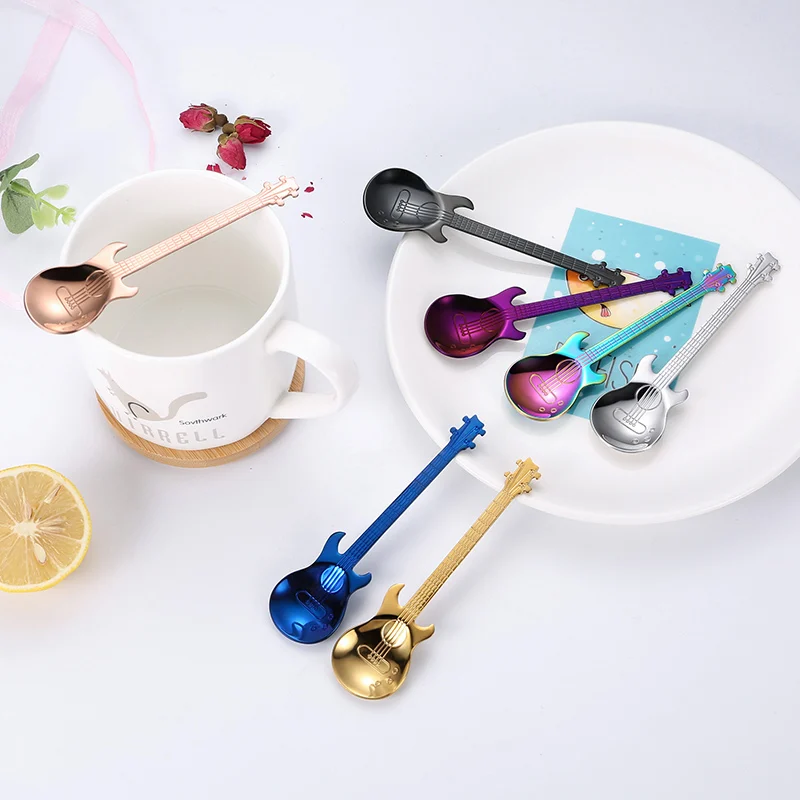 

7pcs / 4pcs guitar coffee spoon set stainless steel dessert ice cream scoop tea spoon coffee accessories cutlery drinking tools
