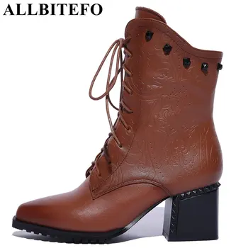 

ALLBITEFO genuine leather pointed toe thick heel women boots fashion rivets medium heel winter boots girls boots size:33-42