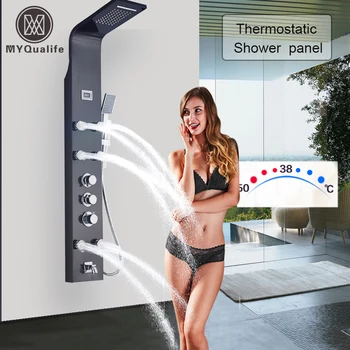 

Waterfall Massage Jets Rain Thermostatic Shower Column Black Shower Faucet Tower W/Hand Shower Tub Spout Black Shower Panel