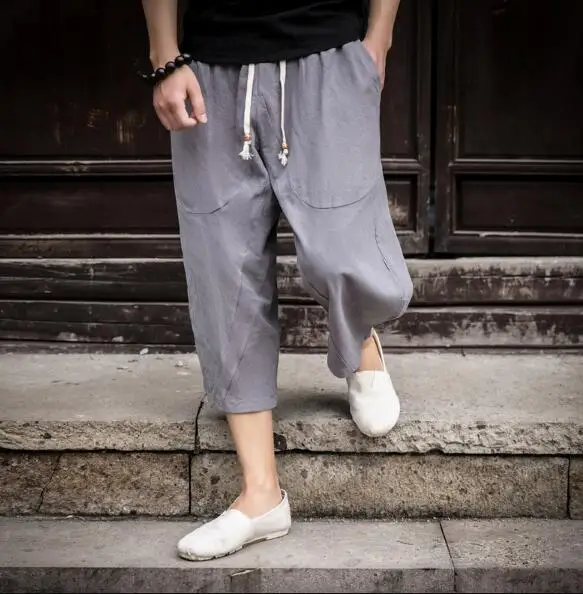 Man Linen Cropped Cross Pant Trouser Men Casual Wide-Legged Bloomers Summer Male Traditional Nepal Trousers - Цвет: Серый