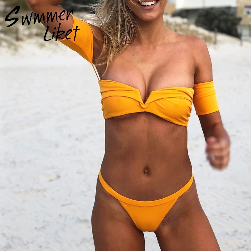

V-neck sexy bikinis 2019 mujer Off shoulder yellow swimwear women biquini Push up swimsuit female bathing suit Summer bathers