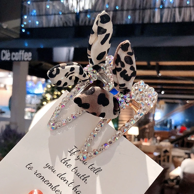 

2019 Fashion Hair Hairpins With Shiny Rhinestones Hair Clips With Leopard Rabbit Ear Hair Accessories Girls Clip Hairgrips