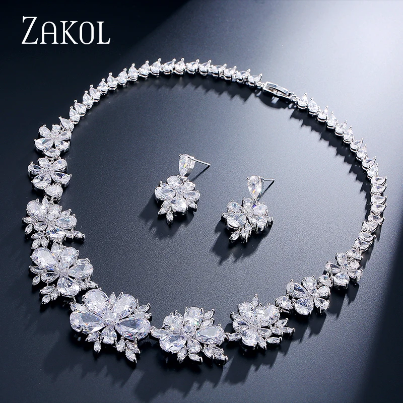 

ZAKOL White Color Women Luxury Dark Blue Green Marquise Shape Flower Zircon Bridal Wedding Jewelry Set FSSP049
