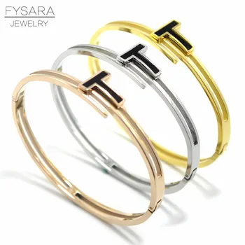 

FYSARA Cuff Lover Bangle For Women Gold-Color Stainless Steel Jewelry Luxury Brand Inlay Resin Black T Letter Bangles Bracelets