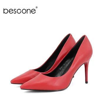 

BESCONE High Quality Luxury Wedding Woman Pumps Red Genuine Leather Handmade Thin Heel Shoes Sexy Pointed Toe Ladies Shoes A39