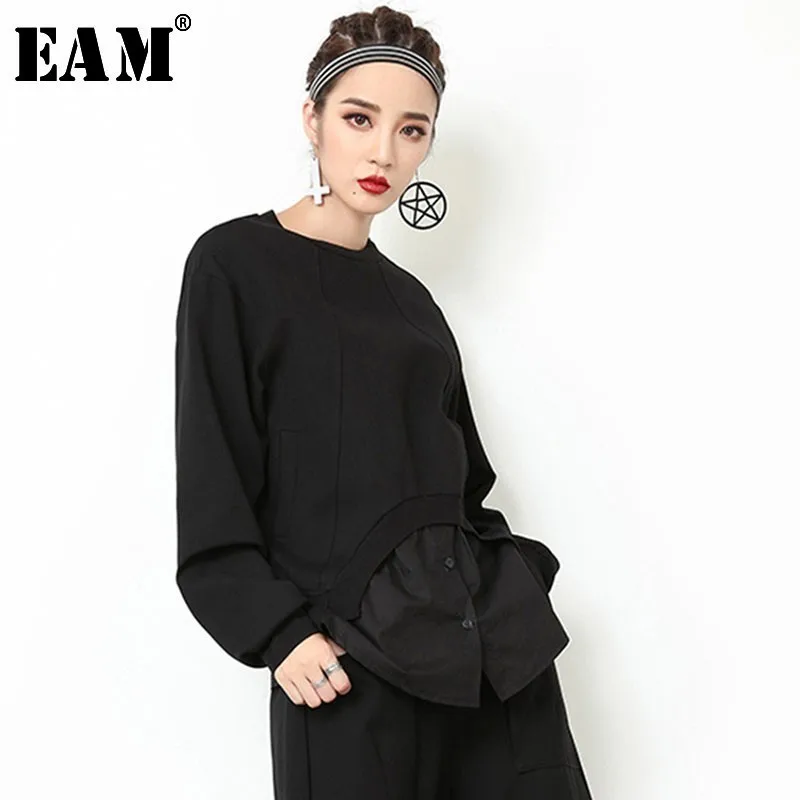 

[EAM] 2019 New Spring Round Neck Long Sleeve Black Loose Hem Split Joint Personality Loose Sweatshirt Women Fashion Tide JO129
