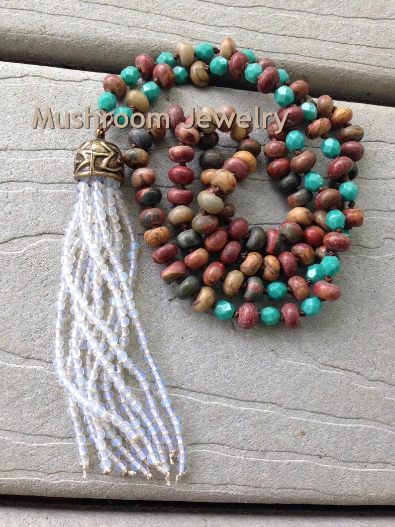 Потертый Бохо Glam Knoting Roundell Casso Jaspers Samll кристалл с кистями из бусин ожерелье