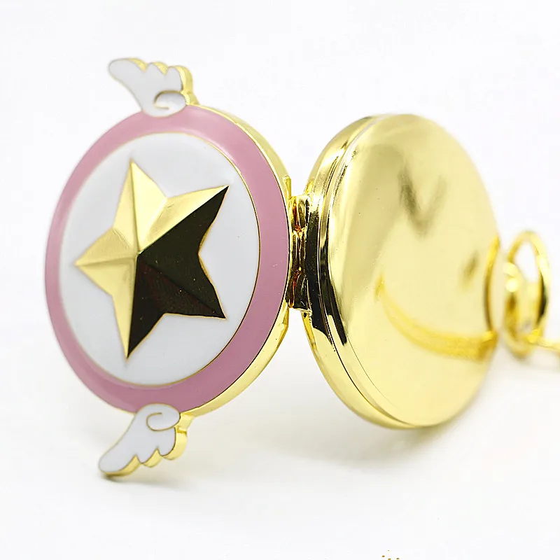Золотой тон Мультфильм Аниме Cardcaptor Сакура звезда крыло кварцевые карманные часы с цепочкой Fob для женщин CF1030