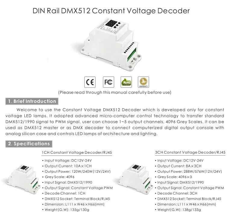 4CH постоянной Напряжение светодио дный DMX512 декодер; с RJ45 разъем (BC-834-DIN-RJ45)