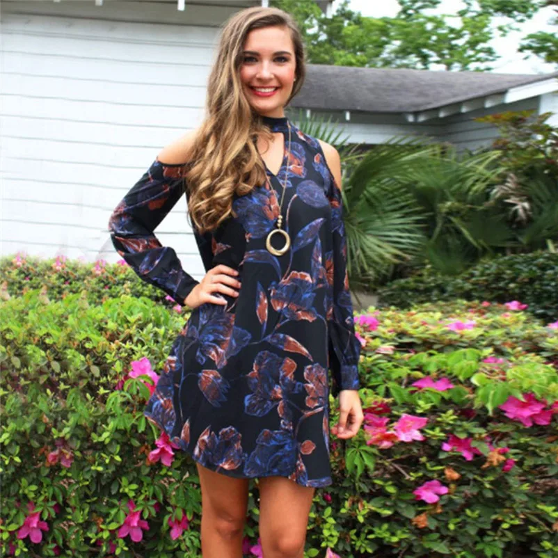 dress female loose of mini A-line casual dark blue color and flower printed full sleeve summer beach dropshipping #F#40JY3107