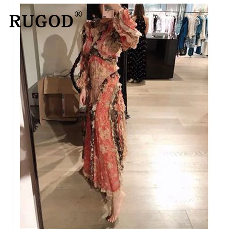 Женское шифоновое платье RUGOD разноцветное асимметричное с оборками и длинным