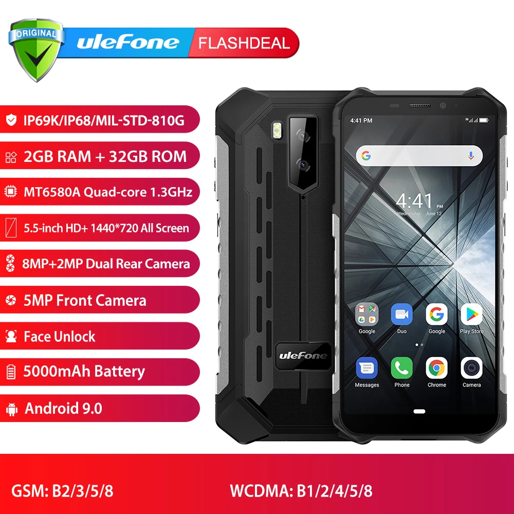 Ulefone Armor X3 Rugged phones  IP68/IP69K Waterproof  5.5 inch 2GB 32GB  8MP 5000mAh face ID Android 9.0 3G Dual SIM Smartphone