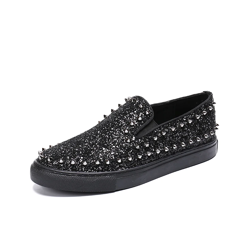 Fashion Rivet Luxury Brand Black men shoes Handmade Microfiber and Flock Slip on Men loafers High Quality Men Flat Shoes