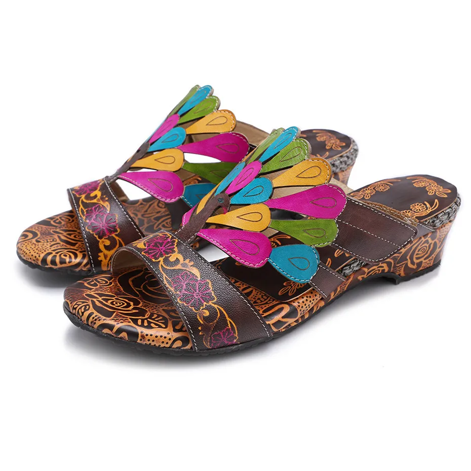 Genuine Leather Bohemian Luxury Slippers Women Shoes Vintage Handmade Peacock Design Summer Beach Slipper Slides Wedge Heels New (4)
