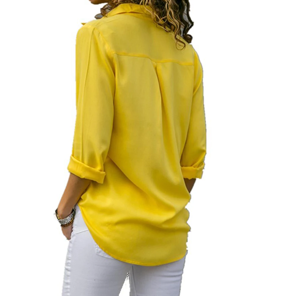 white long sleeve top Women Yellow Chiffon Blouse Sexy Autumn Long Sleeve Button Asymmetrical Shirt Female Work Wear Shirt Blouse Plus Size WDC2096 plus size blouses