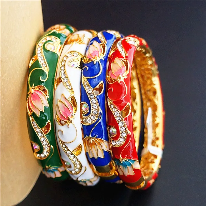 

High End Chinese Cloisonne Enamel Bangles For Women rhinestone Fashion Colorful Ethnic Jewelry Lotus Bangle birthday Gift