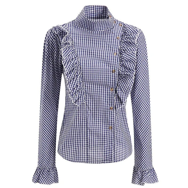 

HIGH STREET Newest 2018 Designer Blouse Top Women's Long Sleeve Plaid Ruffle Bouse Shirt Plus size S-XXXL