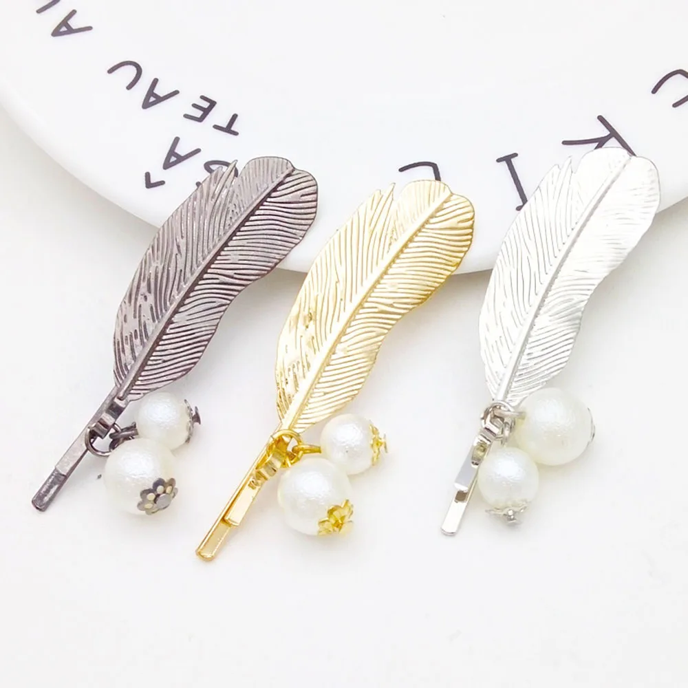 

2019 Fashion 1PC Women Retro Leaf Feather Imitation Pearl Hair Clip Metal Geometry Hairpin Barrette Hair Ornament Hair Accessori