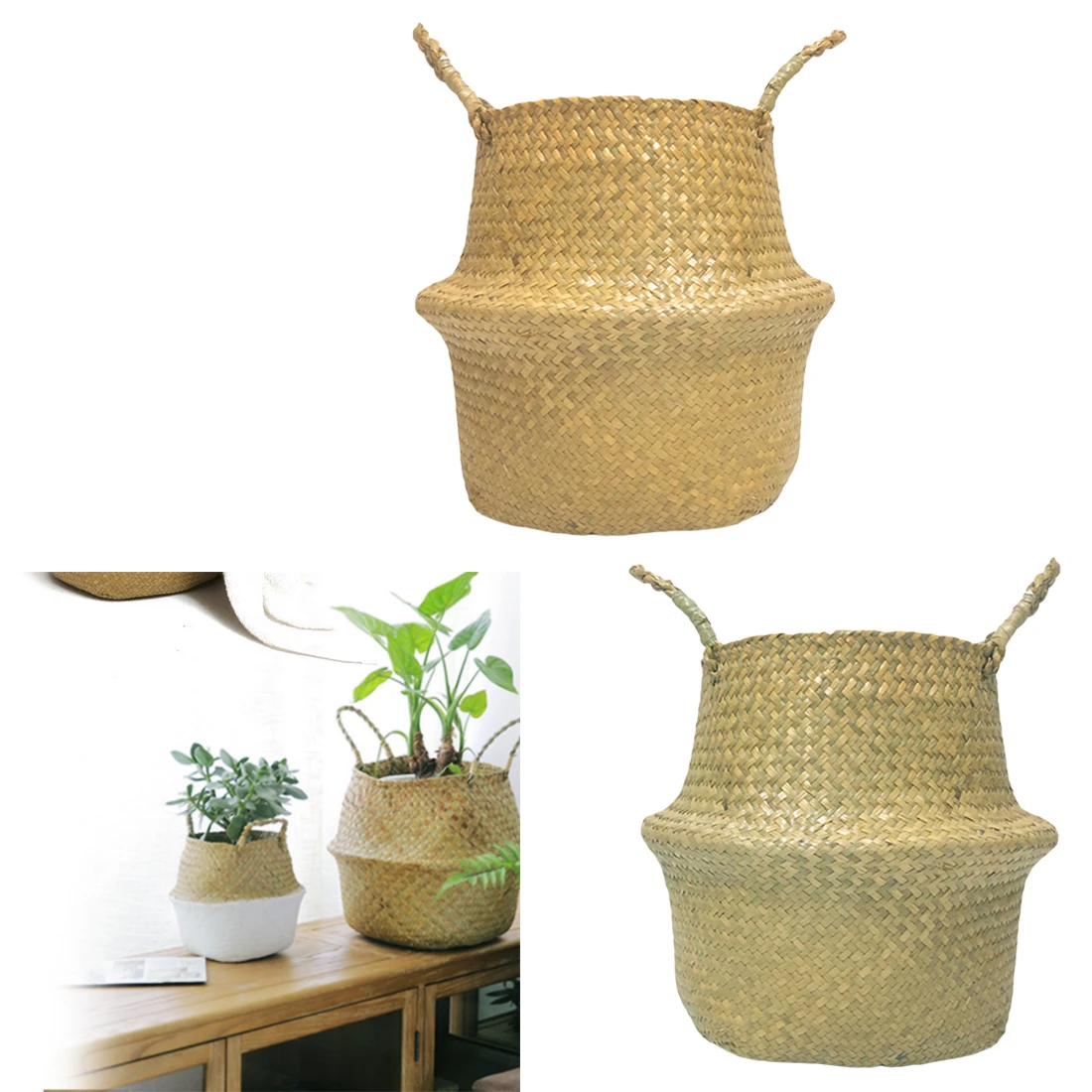 

Home Decoration Seagrass Wickerwork Basket Rattan Foldable Hanging Flower Pot Planter Woven Dirty Laundry Hamper Storage Basket