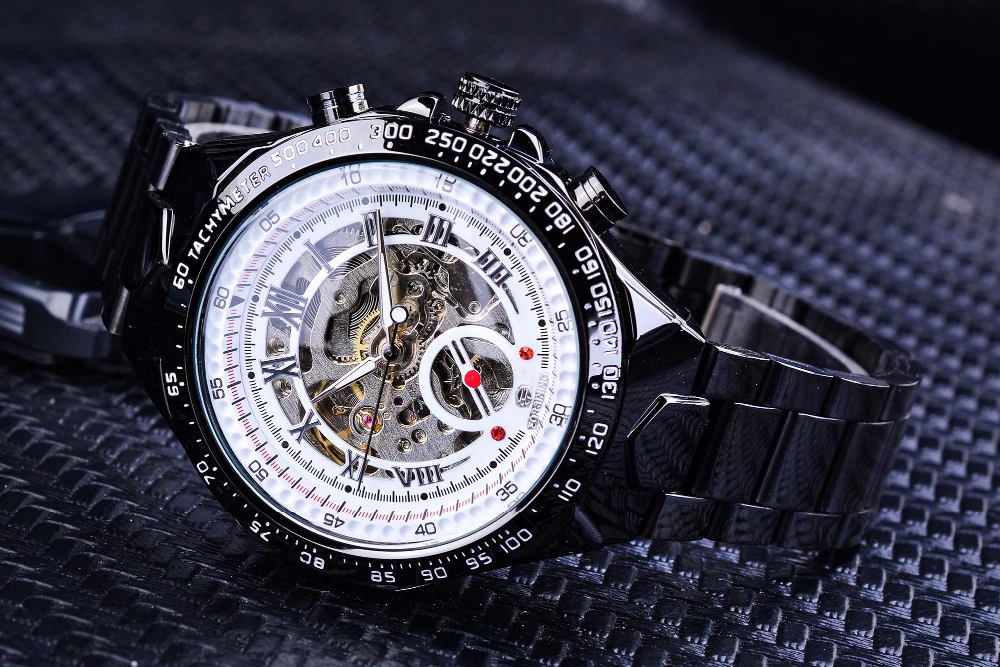 Часы Forsining+ Набор браслетов, прозрачный Серебристый Стальной ремешок, механический скелет, спортивные наручные часы, мужские Брендовые Часы