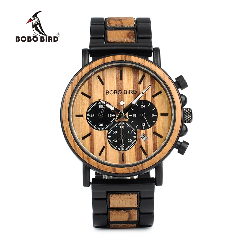 BOBO BIRD P09 Wood and Stainless Steel Watches Luminous Hands Stop Watch Mens Quartz Wristwatches in Wooden Box dropshipping