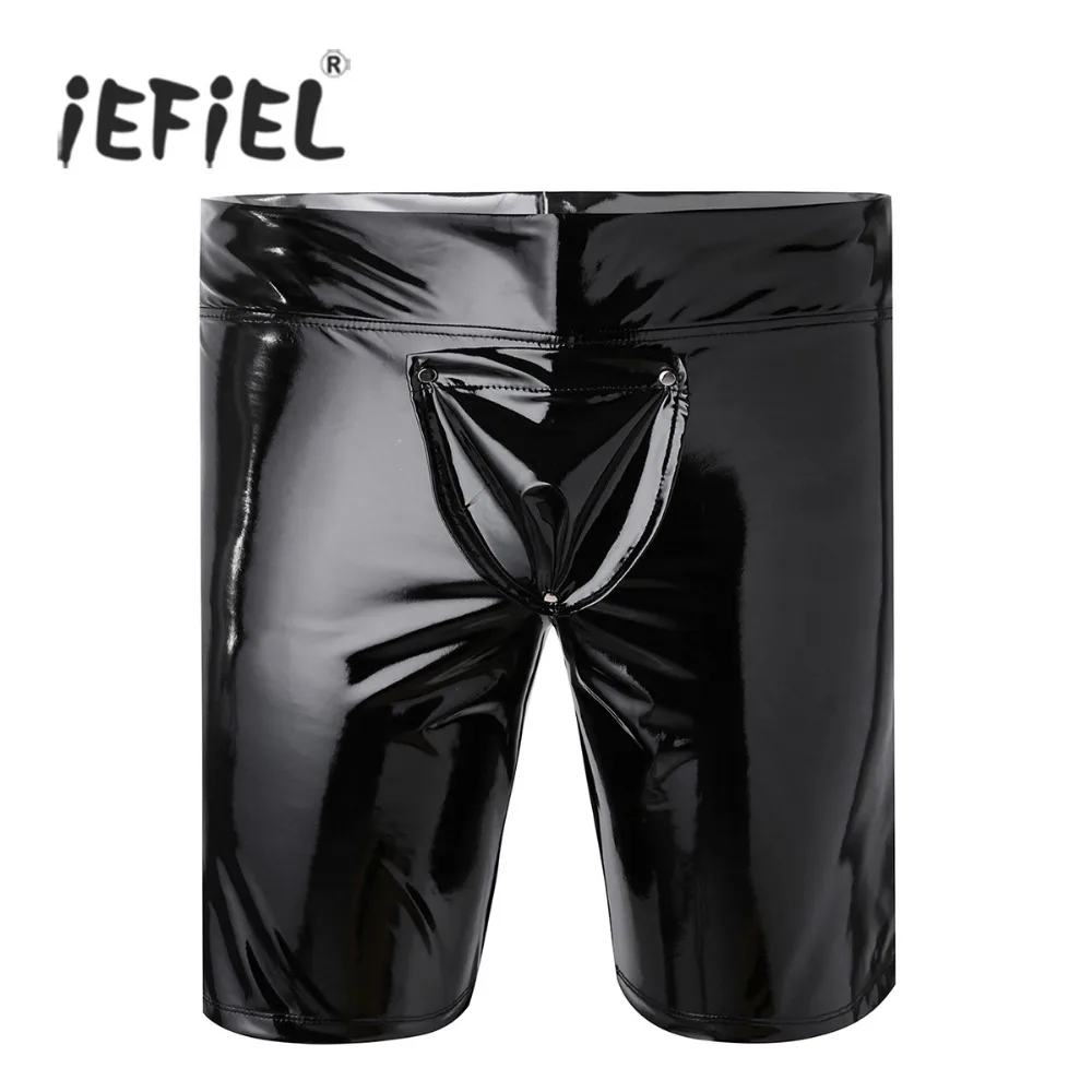 

iEFiEL Fashion Black Mens Lingerie Shiny Patent Leather Short Pants Metallic Tight Leg Boxer Shorts Clothing with Buckled Pouch