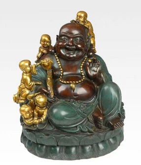 

xiuli 004285 12" China Bronze Happy Boy Maitreya Buddha Ruyi Hand Hold Bead Statue
